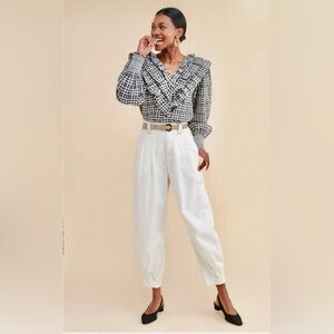 English Factory Gingham Plaid Print Ruffled V-Neck Women's Top M Black